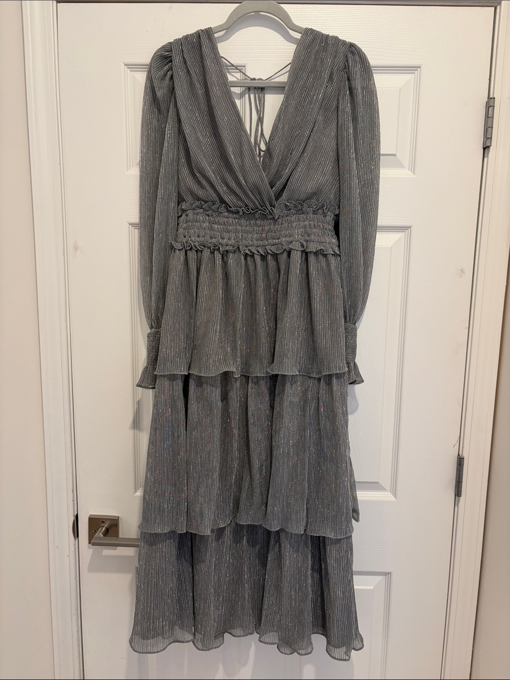 Vici Silver Shimmer Tiered Long Sleeve Maxi Dress